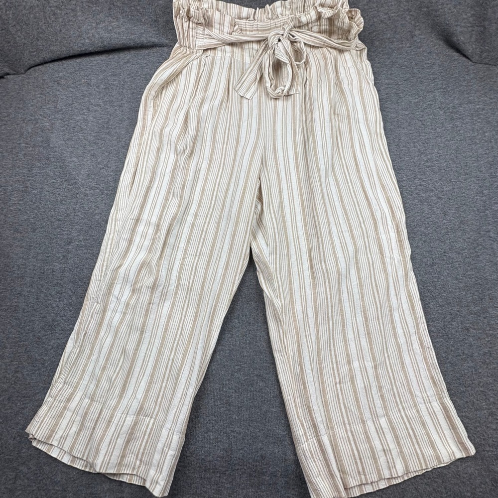 Zac & Rachel Women XL Linen Blend Striped Paperbag Waist Crop Wide Leg Pants